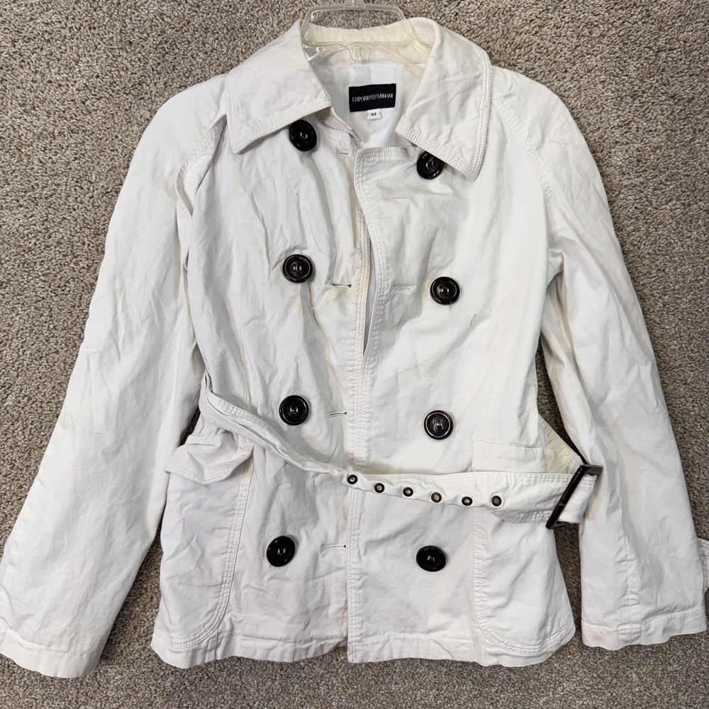 Emporio Armani Jacket Womens 44 Trench White Belted Double Breasted